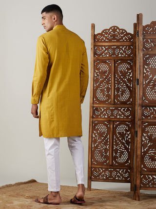 Vastramay Men's Mustard Cotton Cool Dyable Kurta with Cream Pant Set