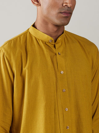 Vastramay Men's Mustard Cotton Cool Dyable Kurta with Cream Pant Set