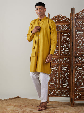 Vastramay Men's Mustard Cotton Cool Dyable Kurta with Cream Pant Set