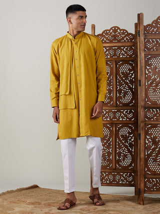 Vastramay Men's Mustard Cotton Cool Dyable Kurta with Cream Pant Set