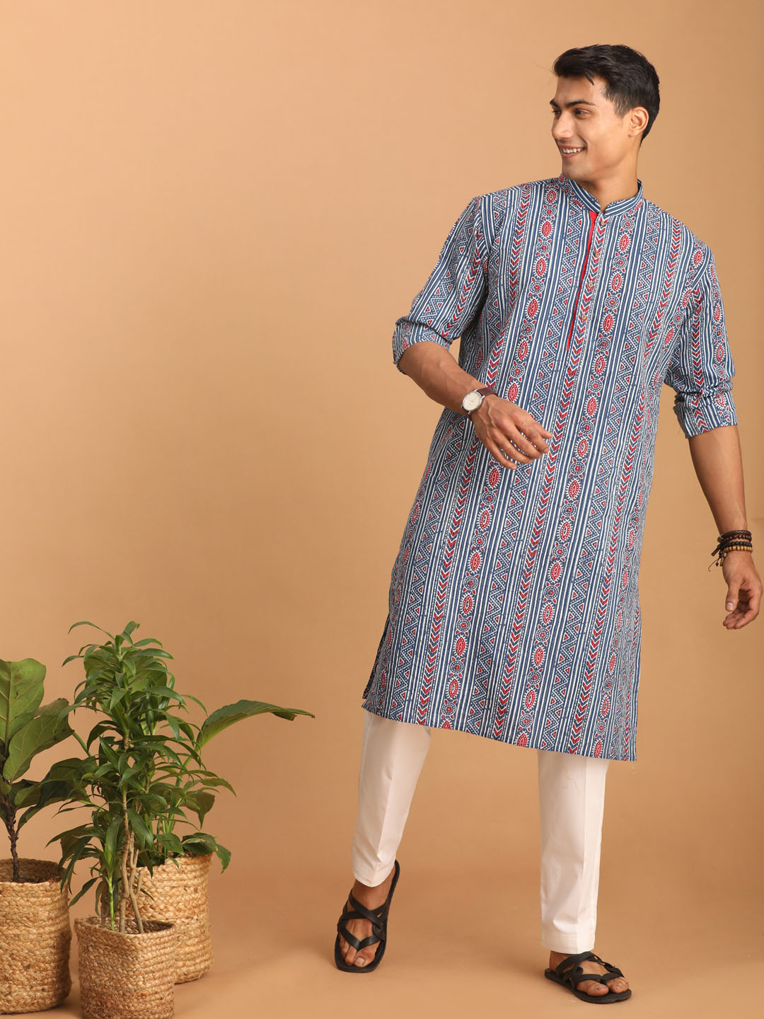 Men's Indigo Printed Cotton Kurta With White Pant Set