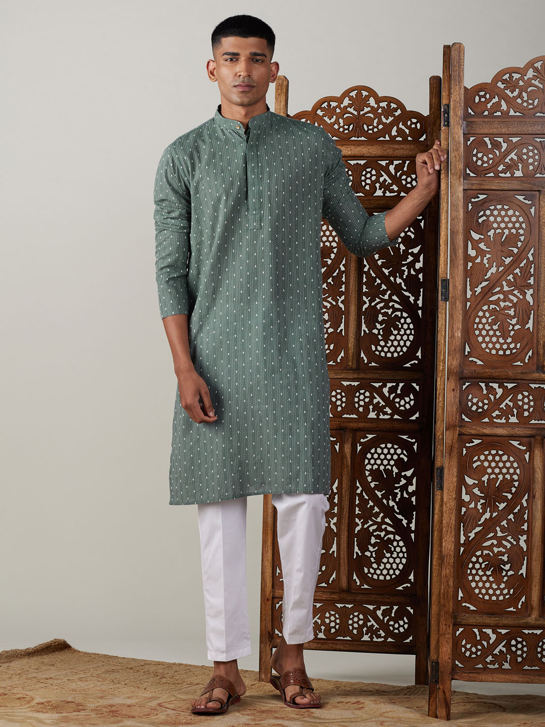 Men's Green Cotton Jacquard Kurta With White Pant Set