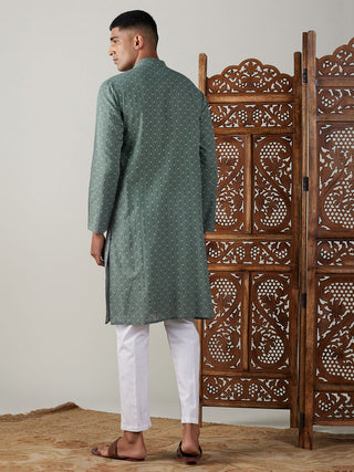 SHVAAS By VASTRAMAY Men's Green cotton Jacquard Kurta With White Pant Set