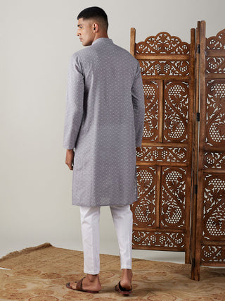 VASTRAMAY Men's Grey cotton Jacquard Kurta With White Pant Set