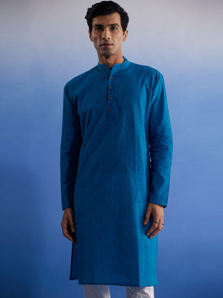 SHVAAS By VASTRAMAY Men's Aqua Blue Pure Cotton Handloom Kurta