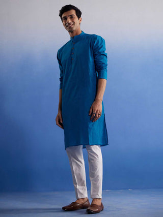 VASTRAMAY Men's Aqua Blue Pure Cotton Handloom Kurta Pyjama Set