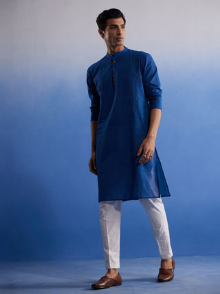 SHVAAS By VASTRAMAY Men's Blue Pure Cotton Handloom Kurta Pyjama Set