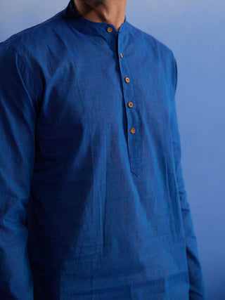 VASTRAMAY Men's Blue Pure Cotton Handloom Kurta Pyjama Set