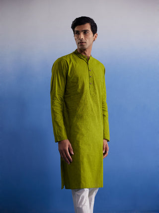 VASTRAMAY Men's Green Pure Cotton Handloom Kurta