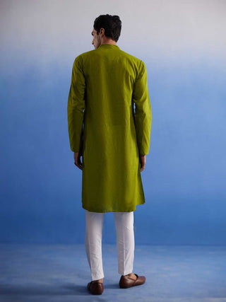 SHVAAS By VASTRAMAY Men's Green Pure Cotton Handloom Kurta Pyjama Set