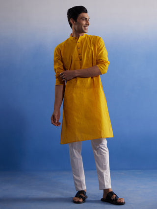 Shvaas By Vastramay Men's Mustard And White Pure Cotton Kurta Pyjama Set