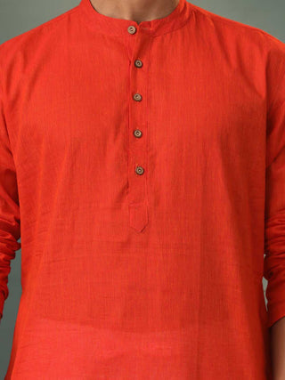 SHVAAS By VASTRAMAY Men's Red Pure Cotton Handloom Kurta Pyjama Set
