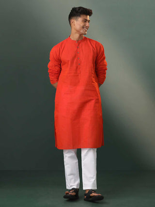 SHVAAS By VASTRAMAY Men's Red Pure Cotton Handloom Kurta Pyjama Set