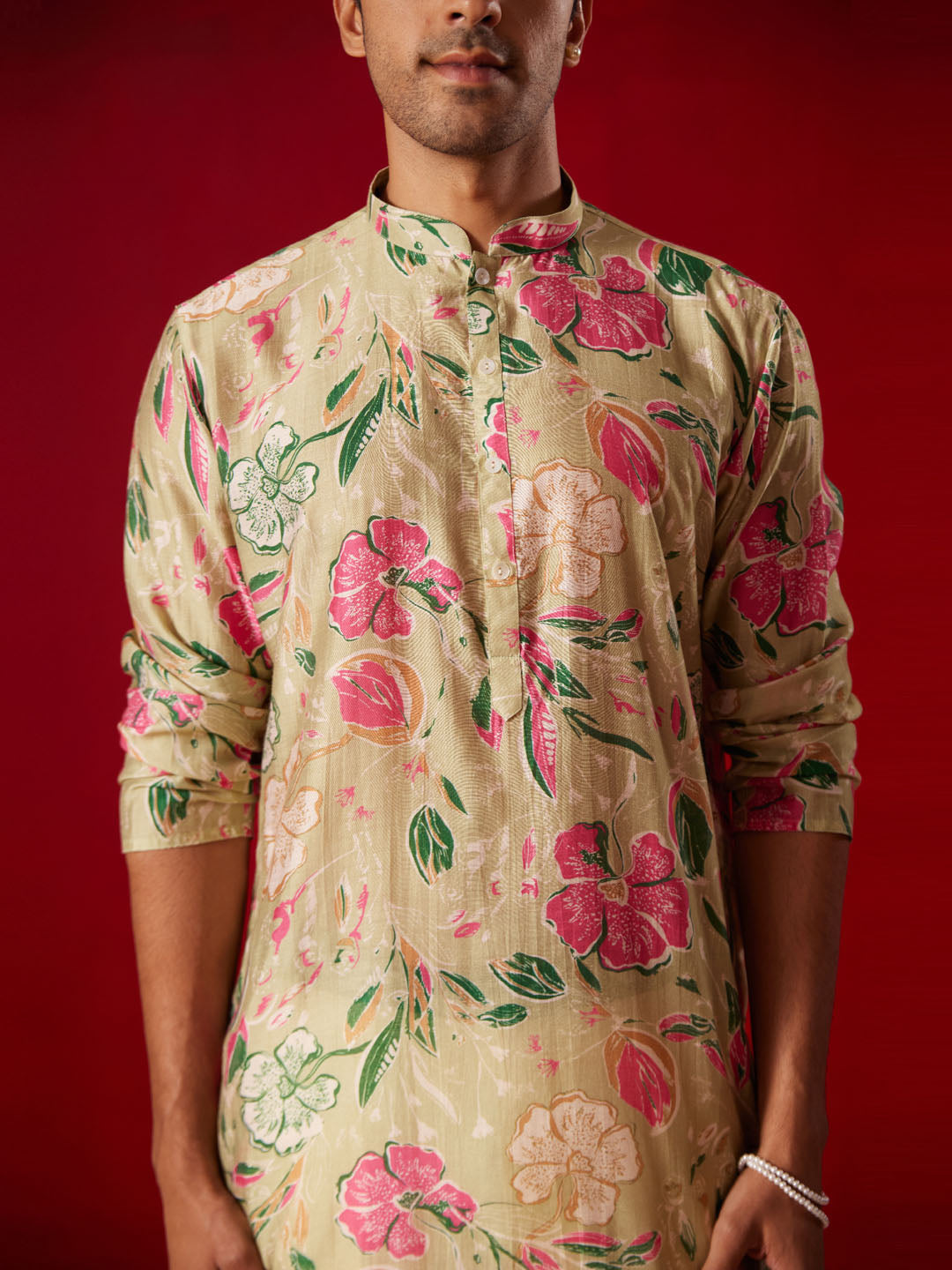 Men's Multicolor Base Beige Cotton Printed Kurta Pant Set