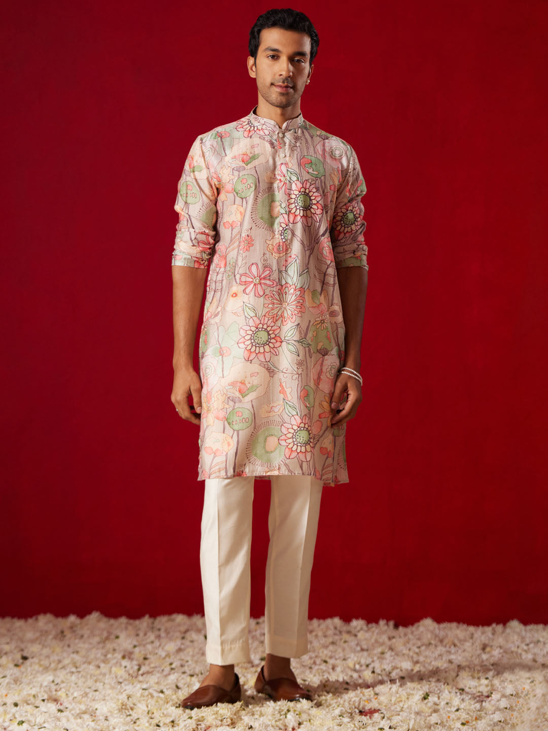 Men's Multicolor Base Peach Cotton Printed Kurta Pant Set