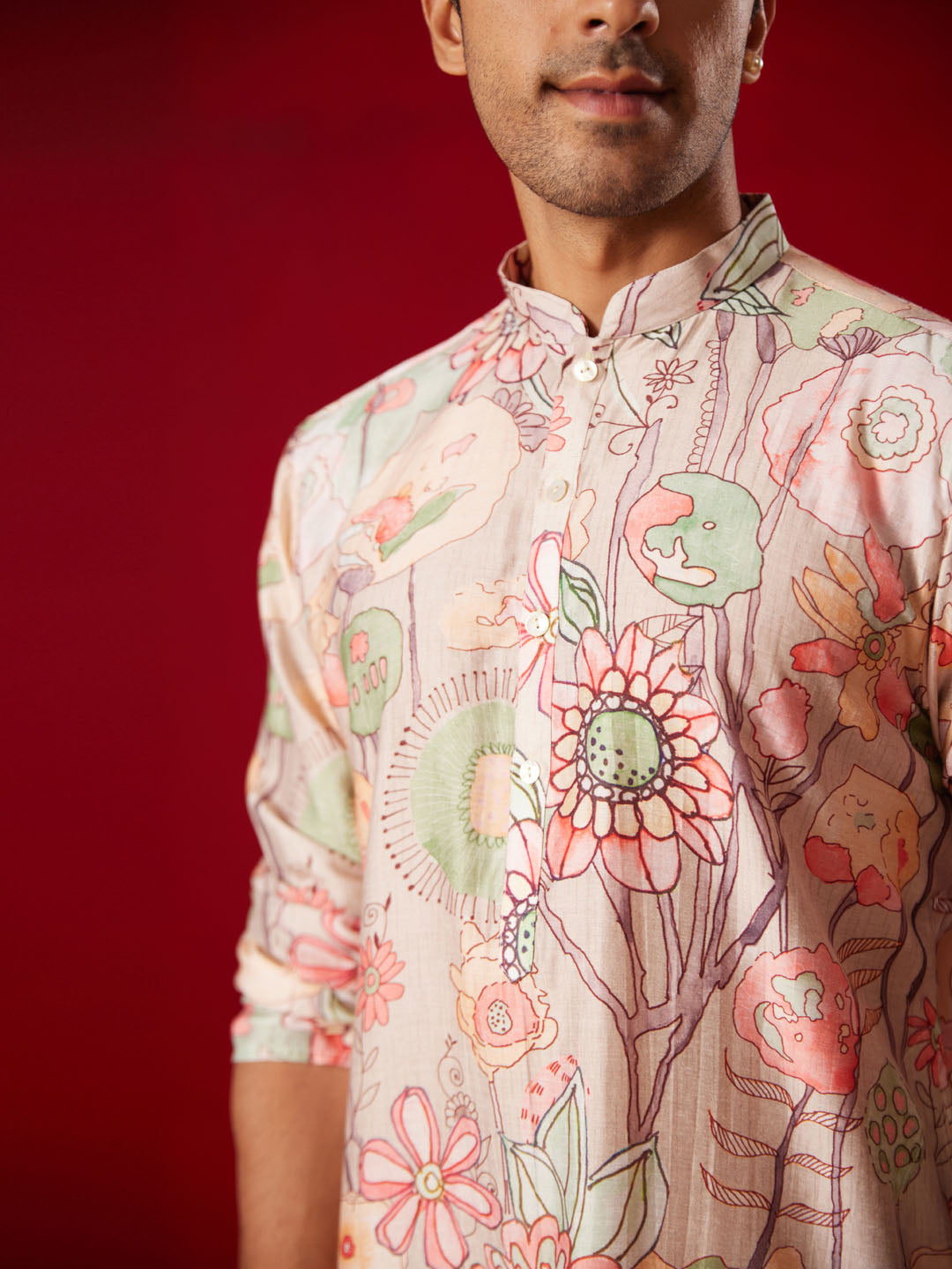 Men's Multicolor Base Peach Cotton Printed Kurta Pant Set