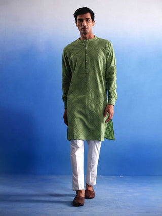VASTRAMAY Men's Green Hakooba Cotton Kurta With White Pant