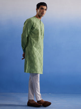 SHVAAS By VASTRAMAY Men's Green Hakooba Cotton Kurta With White Pant