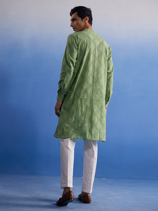 SHVAAS By VASTRAMAY Men's Green Hakooba Cotton Kurta With White Pant