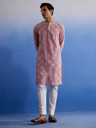 VASTRAMAY Men's Pink Hakooba Cotton Kurta With White Pant