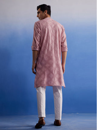 SHVAAS By VASTRAMAY Men's Pink Hakooba Cotton Kurta With White Pant