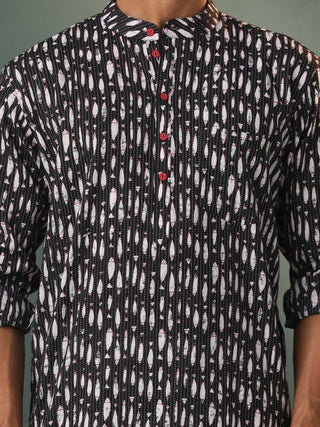 SHVAAS By VASTRAMAY Men's Black Thread Work Printed Cotton Kurta Pyjama Set