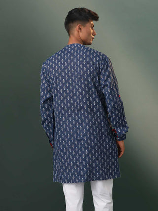 VASTRAMAY Men's Navy Blue Block Print With Thread Work Cotton Kurta