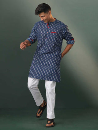 VASTRAMAY Men's Navy Blue Block Print With Thread Work Cotton Kurta