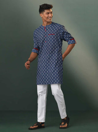 SHVAAS By VASTRAMAY Men's Navy Blue Striped Cotton Kurta Pyjama Set