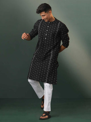 VASTRAMAY Men's Black Jacquard Cotton Kurta Pyjama Set