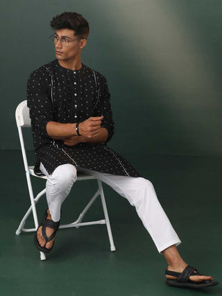VASTRAMAY Men's Black Jacquard Cotton Kurta Pyjama Set