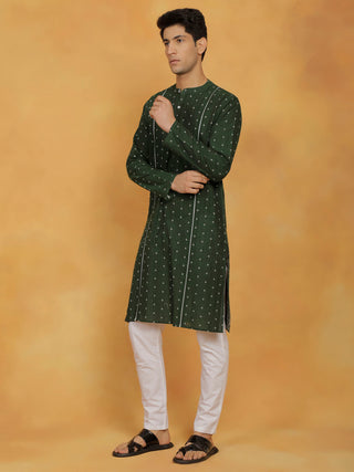 Shvaas By Vastramay Men's Bottle Green And White Cotton Kurta Pyjama Set
