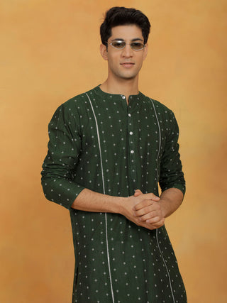 Shvaas By Vastramay Men's Bottle Green And White Cotton Kurta Pyjama Set