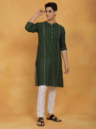 Vastramay Men's Bottle Green And White Cotton Kurta Pyjama Set