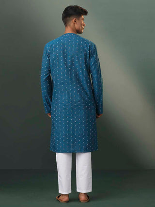 VASTRAMAY Men's Turquoise Blue Jacquard Cotton Kurta Pyjama Set