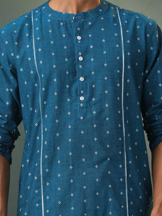 SHVAAS By VASTRAMAY Men's Turquoise Blue Jacquard Cotton Kurta Pyjama Set