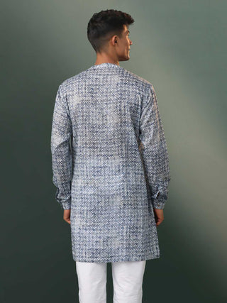 SHVAAS By VASTRAMAY Men's Grey Geometric Print Cotton Blend Kurta