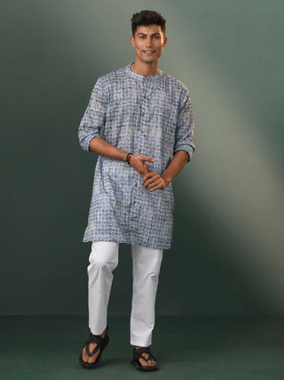 SHVAAS By VASTRAMAY Men's Grey Geometric Print Cotton Blend Kurta Pyjama Set