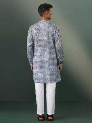 SHVAAS By VASTRAMAY Men's Grey Geometric Print Cotton Blend Kurta Pyjama Set