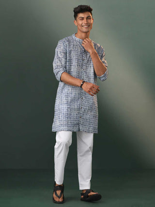 VASTRAMAY Men's Blue And White Cotton Kurta Pyjama Set