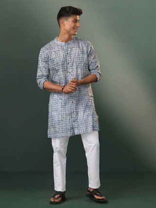 VASTRAMAY Men's Blue And White Cotton Kurta Pyjama Set