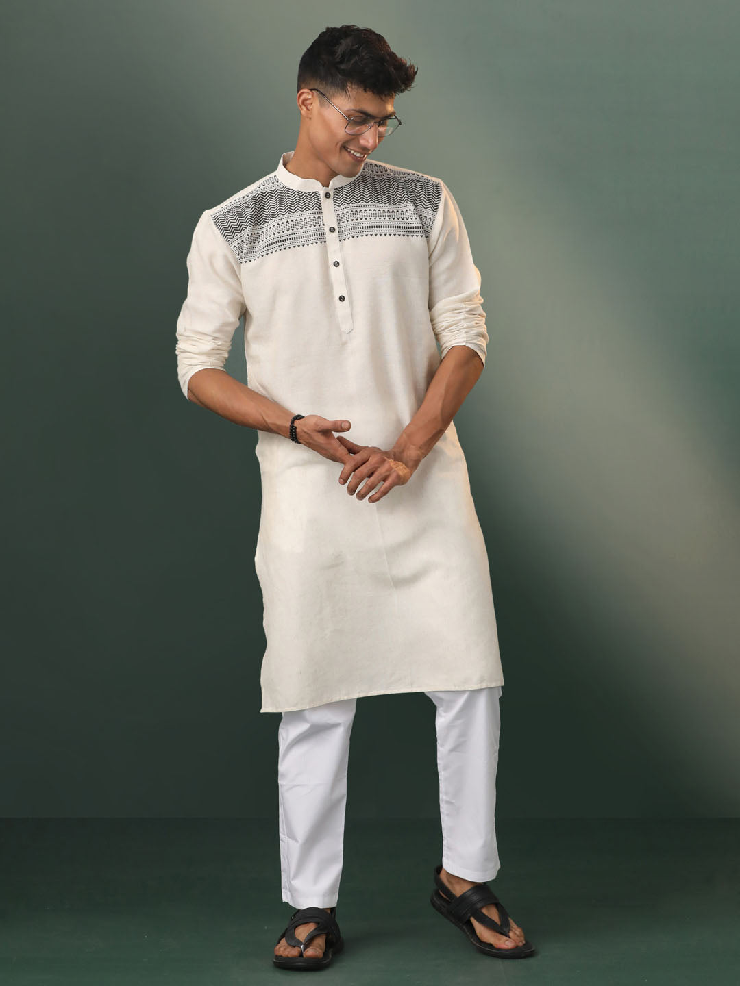 Men's Cream Jacquard Cotton Kurta Pyjama Set