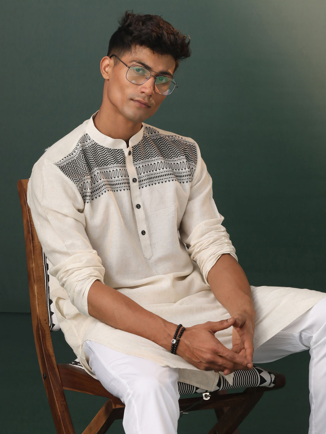 Men's Cream Jacquard Cotton Kurta Pyjama Set