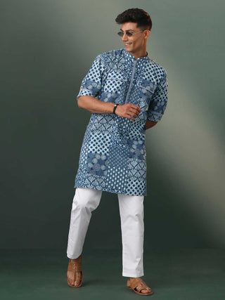 VASTRAMAY Men's Grey Block Print Cotton Kurta Pyjama Set
