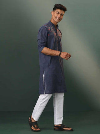 VASTRAMAY Men's Navy Blue Striped Cotton Kurta Pyjama Set