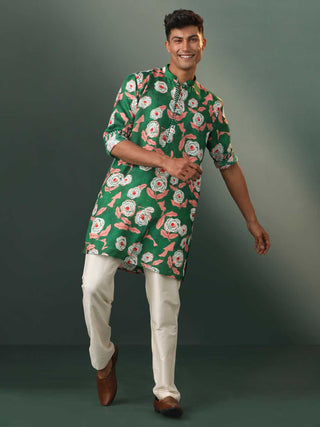 SHVAAS By VASTRAMAY Men's Green Floral Print Cotton Blend Kurta Pyjama Set