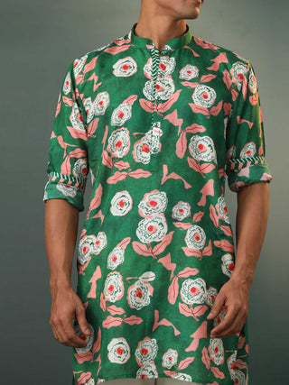 SHVAAS By VASTRAMAY Men's Green Floral Print Cotton Blend Kurta Pyjama Set
