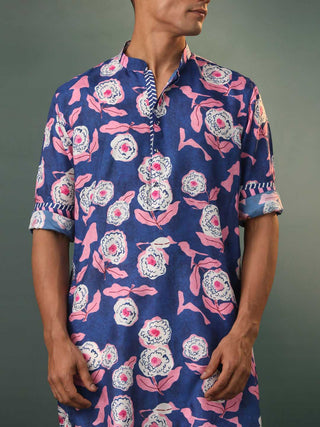 SHVAAS By VASTRAMAY Men's Navy Blue Floral Print Cotton Blend Kurta Pyjama Set
