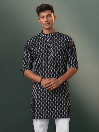 SHVAAS By VASTRAMAY Men's Black Printed Cotton Kurta Pyjama Set