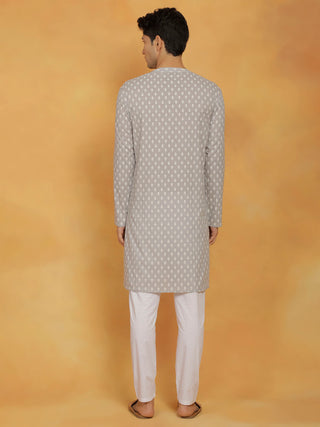 Vastramay Men's Gray And White Cotton Kurta and Pyjama Set